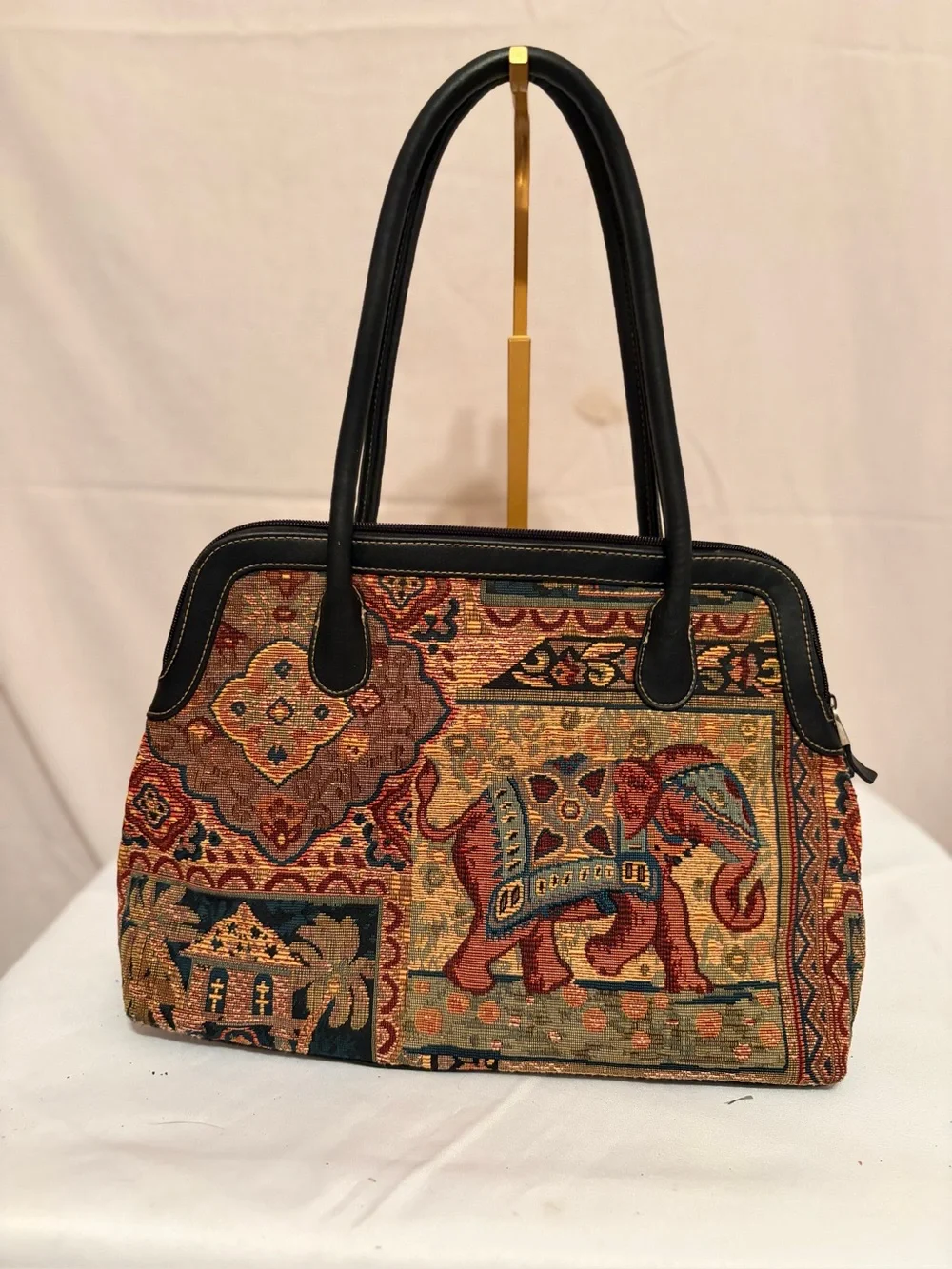 Tapestry Elephant Pattern Tote Bag - Black Trim